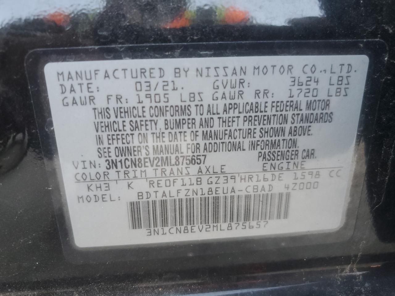 VIN 3N1CN8EV2ML875657 2021 NISSAN VERSA no.12