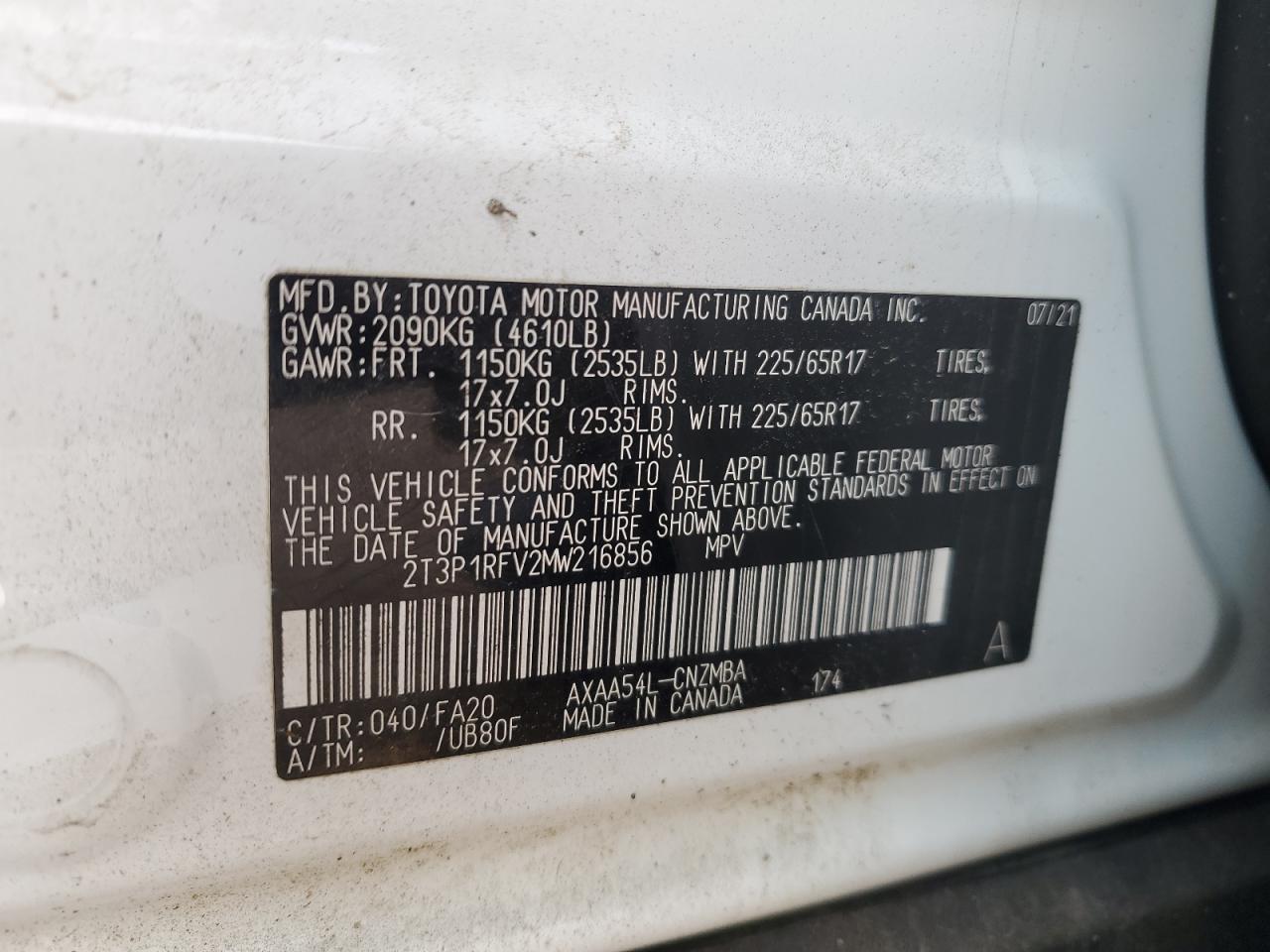 2021 Toyota Rav4 Xle VIN: 2T3P1RFV2MW216856 Lot: 78203774