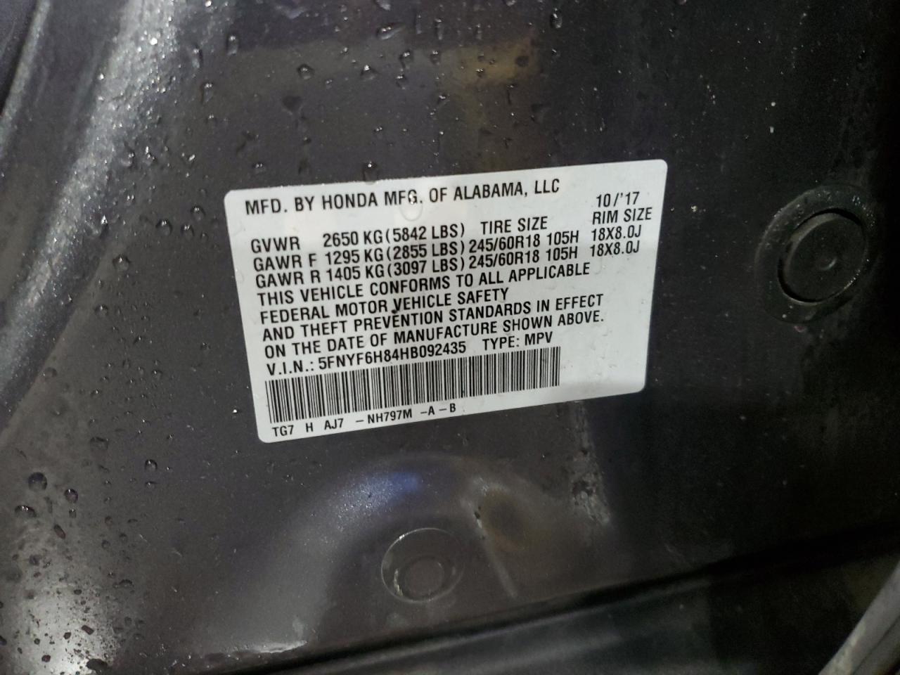 5FNYF6H84HB092435 2017 Honda Pilot Exl