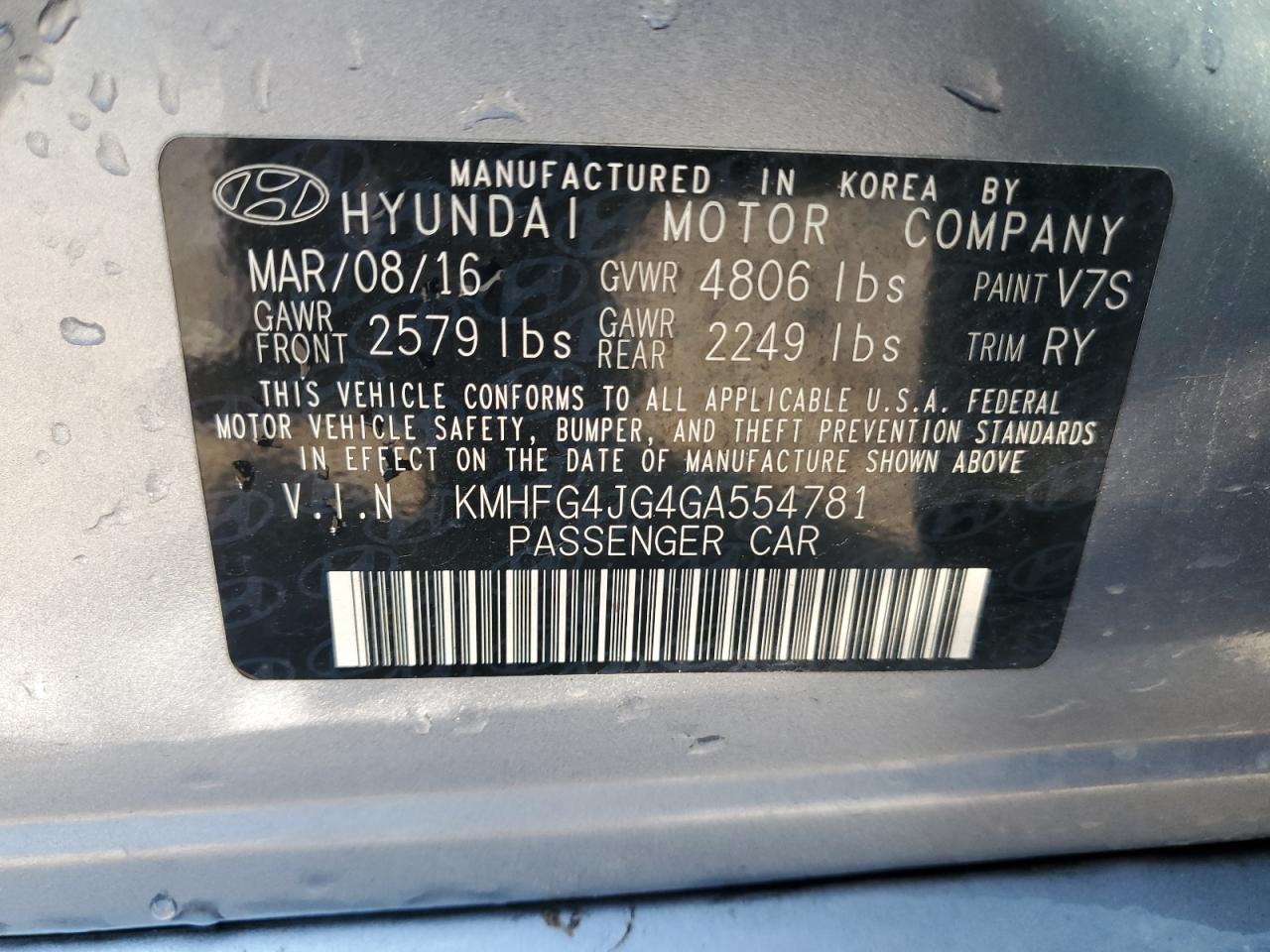 KMHFG4JG4GA554781 2016 Hyundai Azera