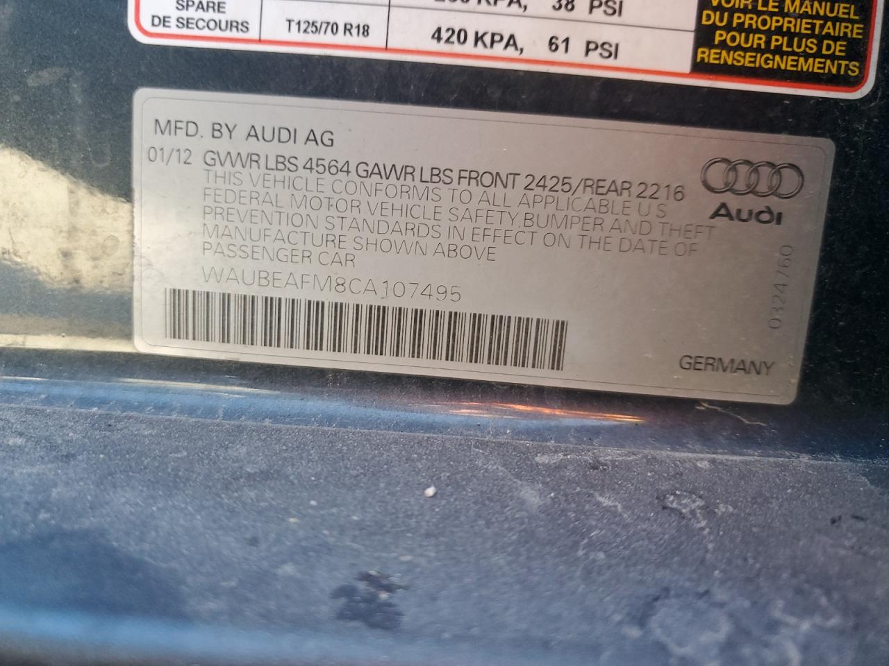 2012 Audi A3 Premium VIN: WAUBEAFM8CA107495 Lot: 75949284