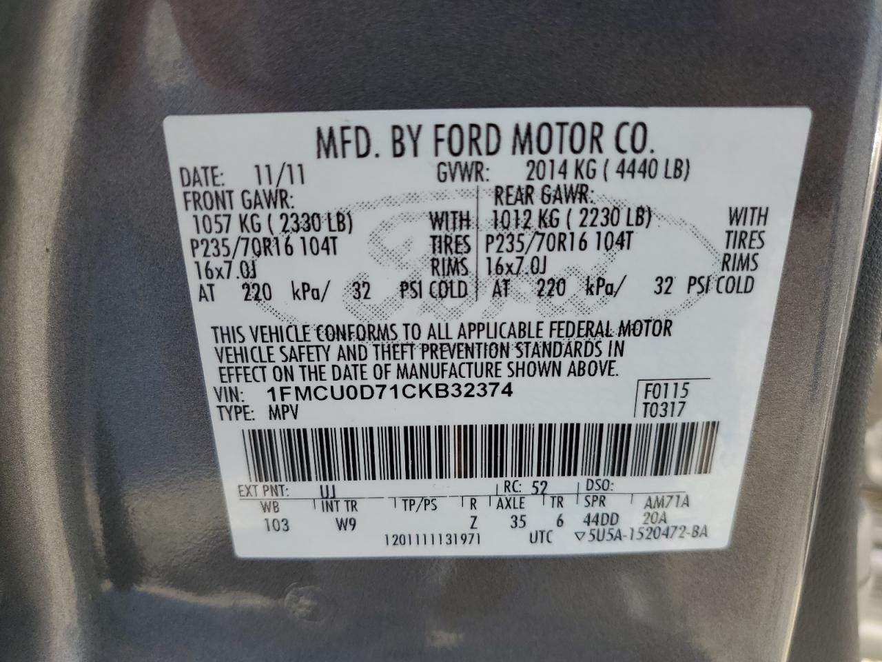 2012 Ford Escape Xlt VIN: 1FMCU0D71CKB32374 Lot: 75414584