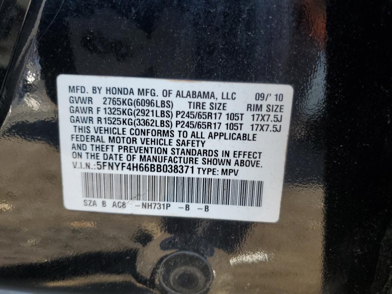 5FNYF4H66BB038371 2011 Honda Pilot Exl