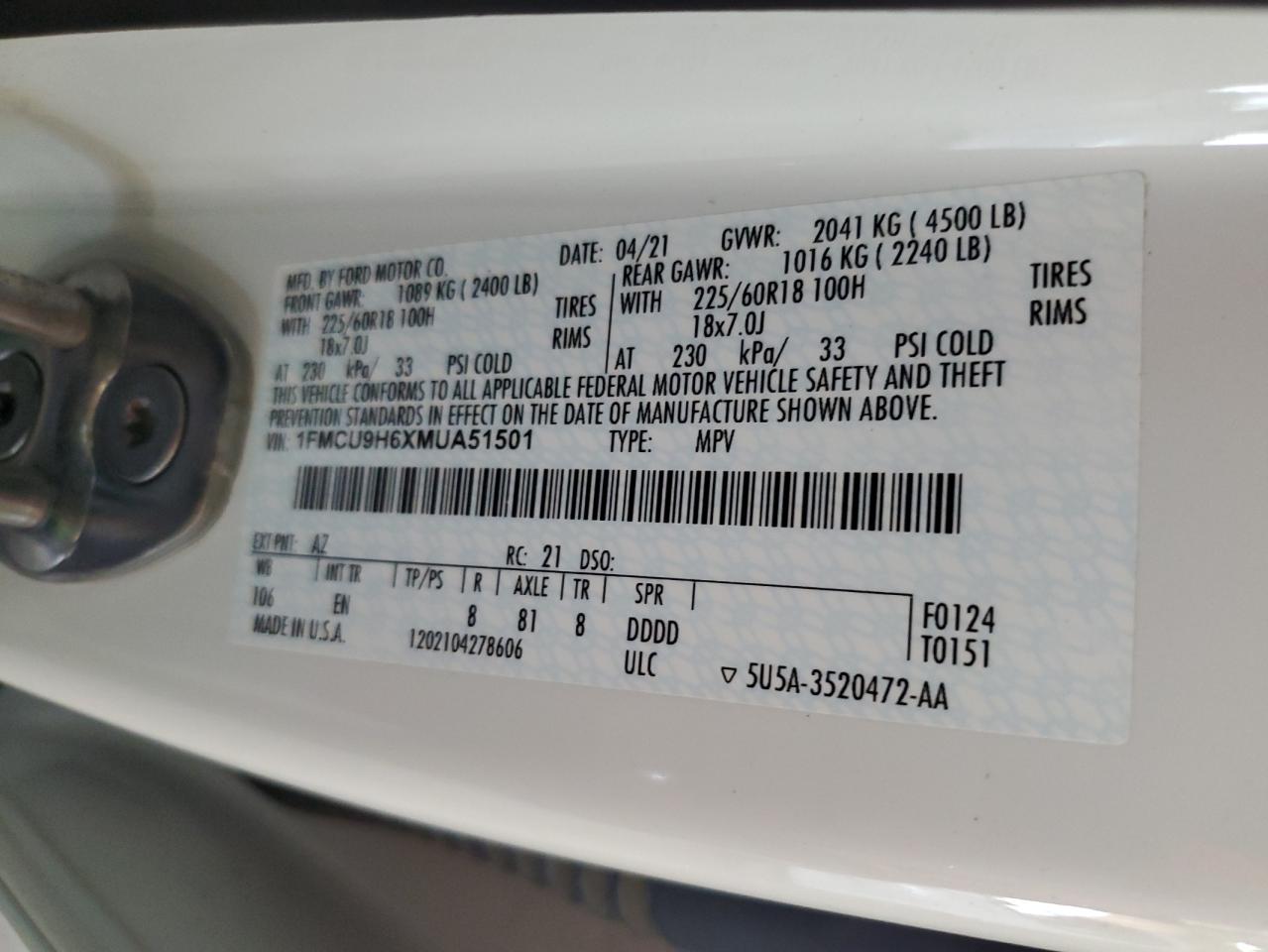 2021 Ford Escape Sel VIN: 1FMCU9H6XMUA51501 Lot: 75501994