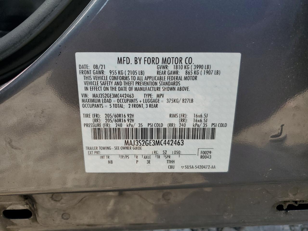 MAJ3S2GE3MC442463 2021 Ford Ecosport Se