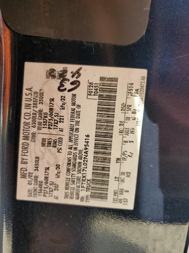 2002 Ford F150 VIN: 1FTRX17L02NA95416 Lot: 75366324