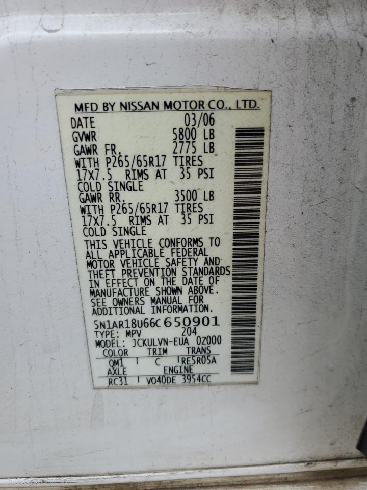 2006 Nissan Pathfinder Le VIN: 5N1AR18U66C650901 Lot: 76098494