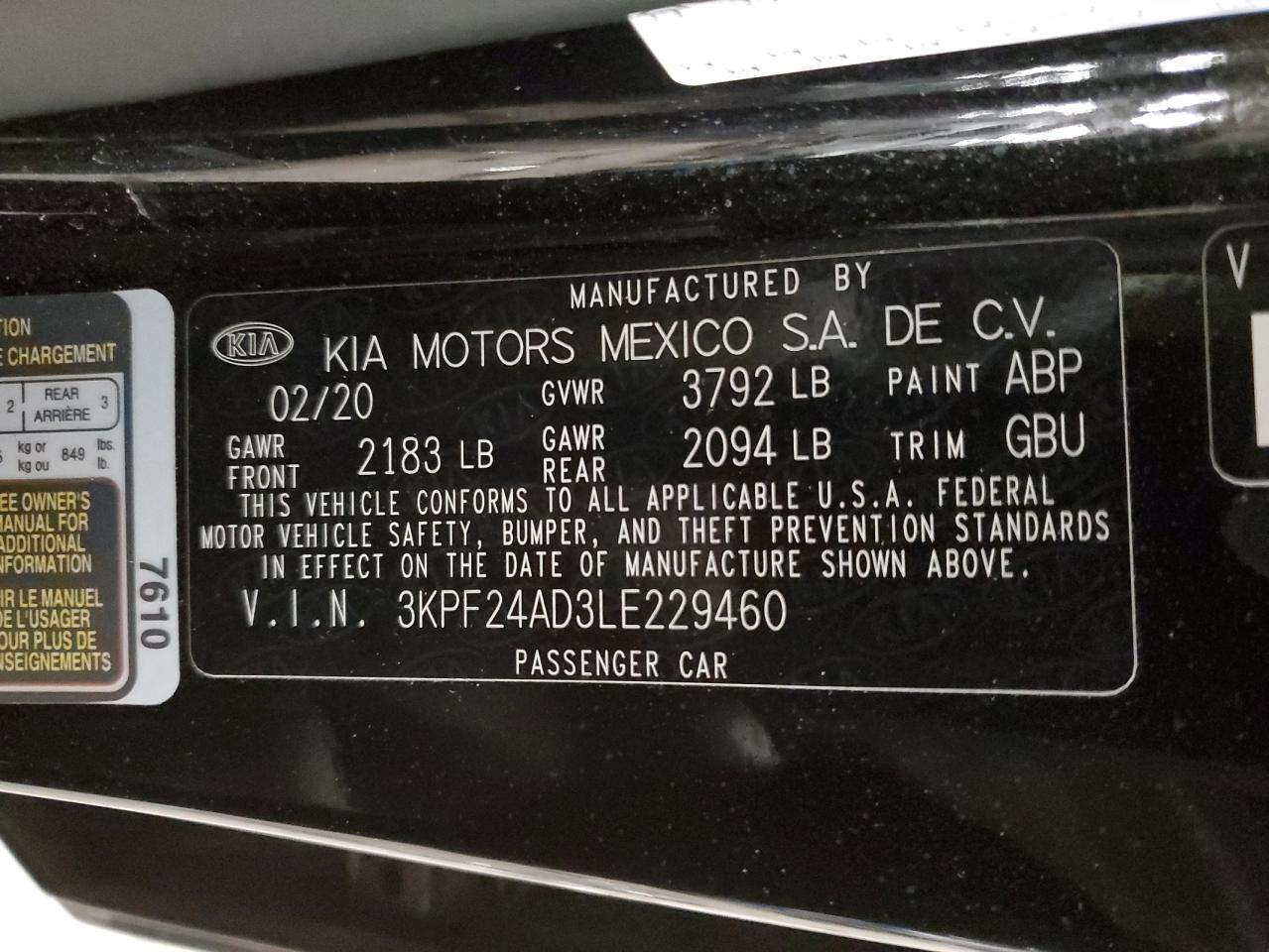 2020 Kia Forte Fe VIN: 3KPF24AD3LE229460 Lot: 78664784