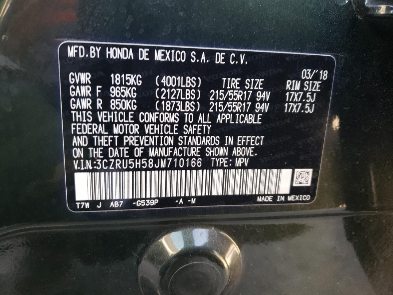 2018 Honda Hr-V Ex VIN: 3CZRU5H58JM710166 Lot: 76078714