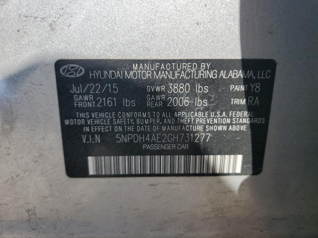 5NPDH4AE2GH731277 2016 HYUNDAI ELANTRA - Image 12