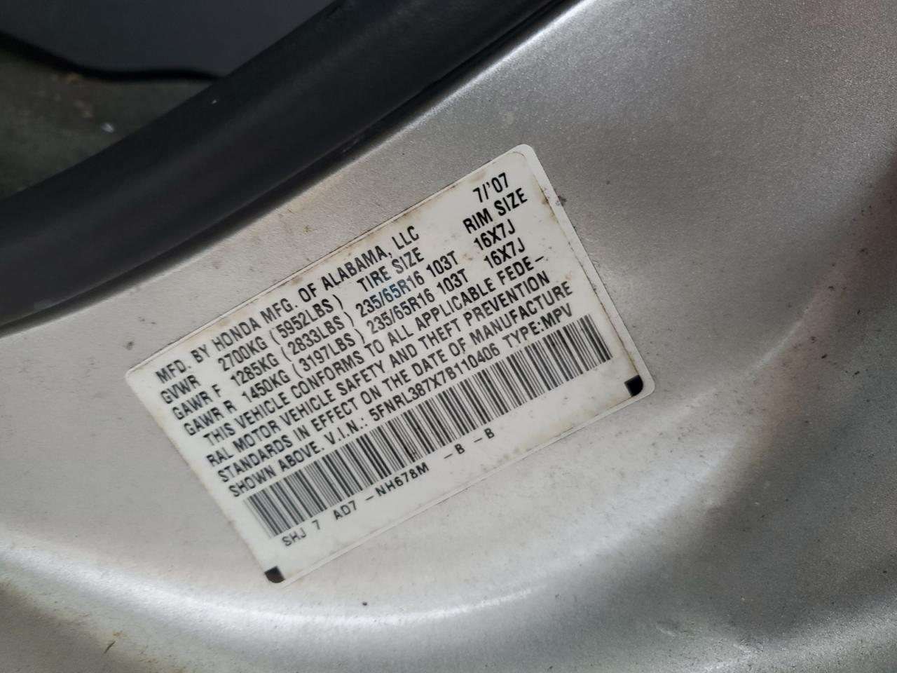 2007 Honda Odyssey Exl VIN: 5FNRL387X7B110406 Lot: 74924394