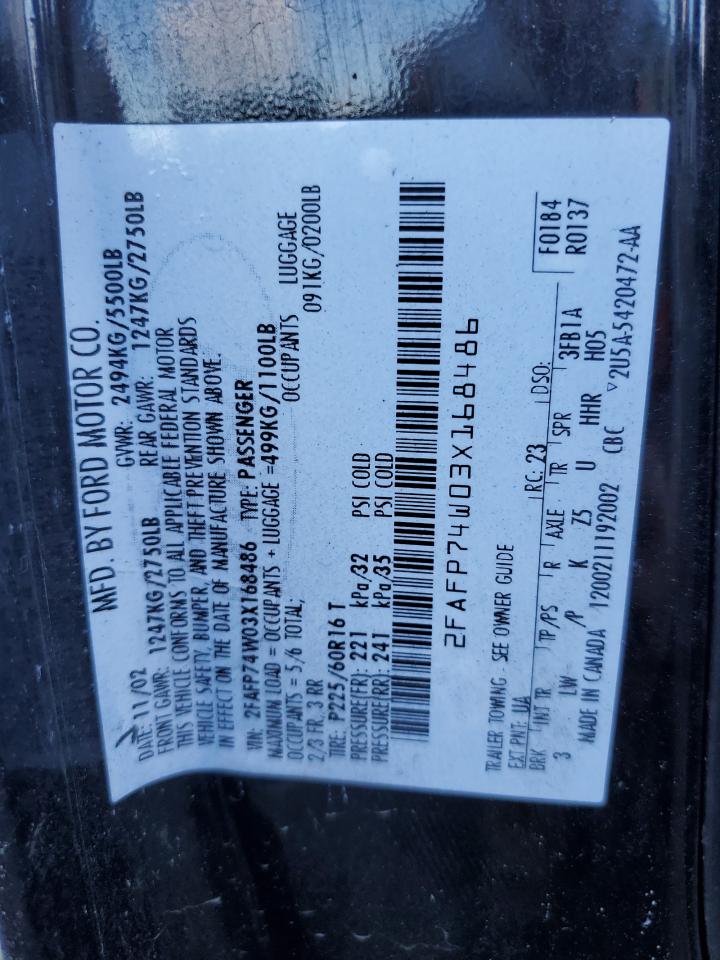 2003 Ford Crown Victoria Lx VIN: 2FAFP74W03X168486 Lot: 74477664