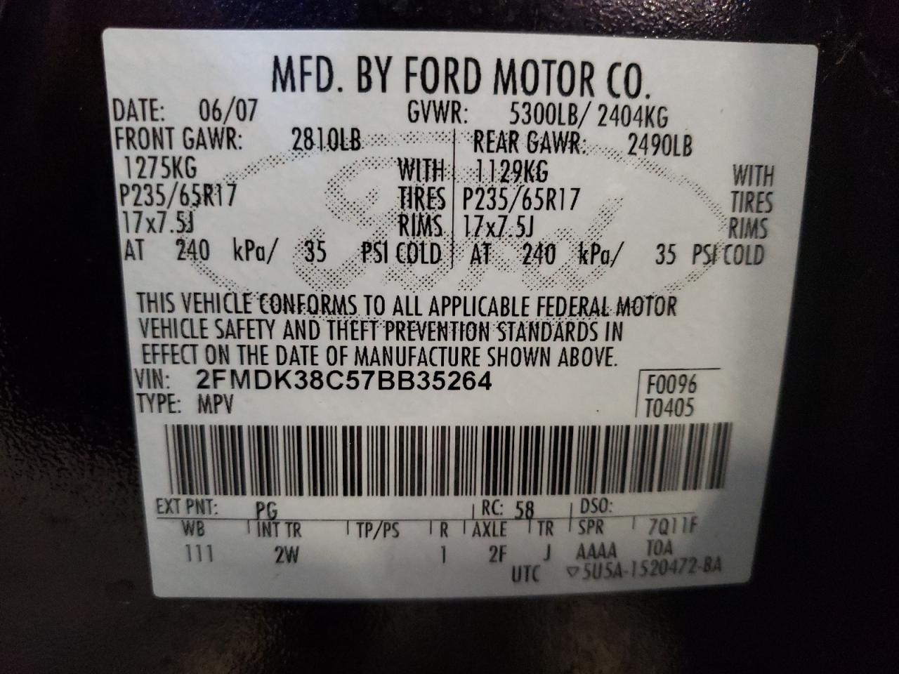 2FMDK38C57BB35264 2007 Ford Edge Sel