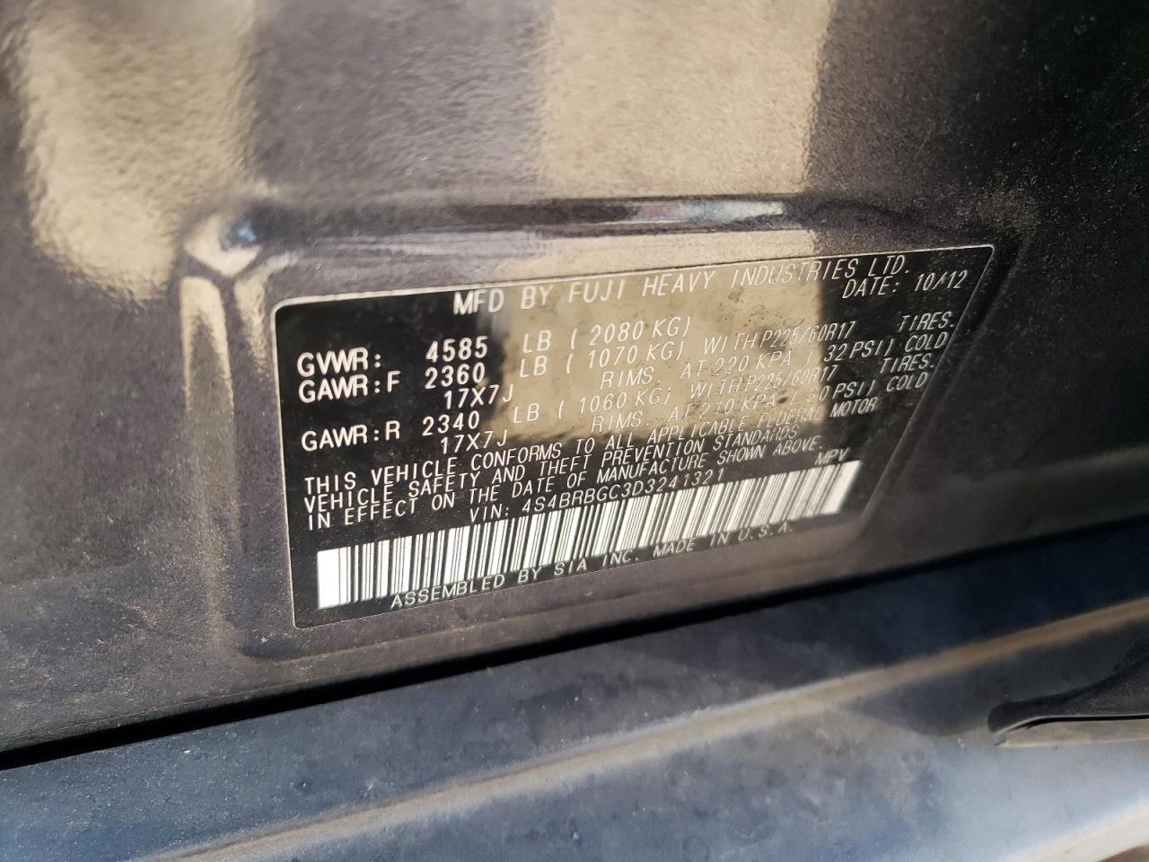 2013 Subaru Outback 2.5I Premium VIN: 4S4BRBGC3D3241321 Lot: 74692094