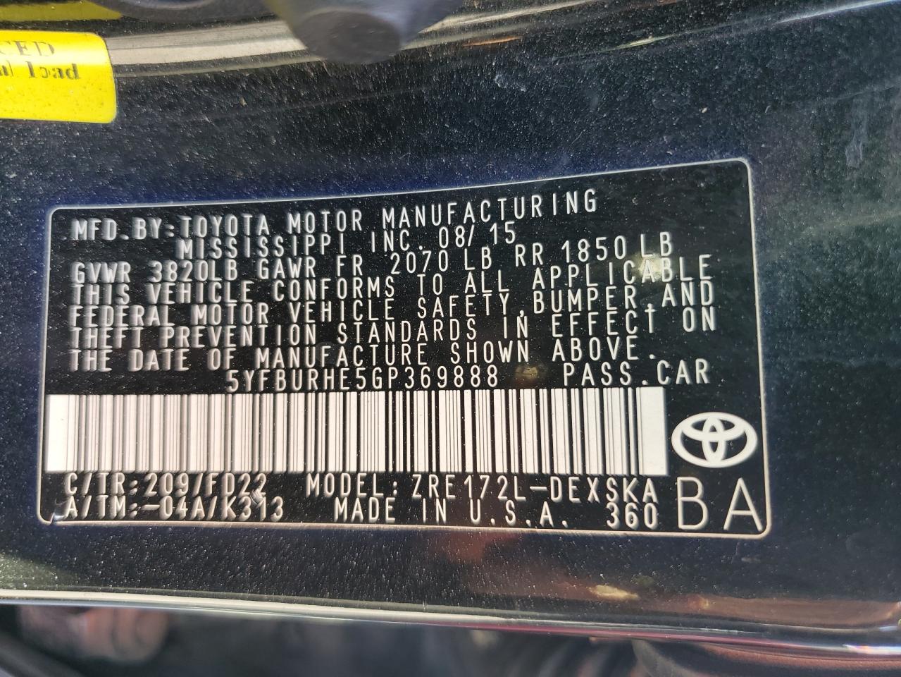 5YFBURHE5GP369888 2016 Toyota Corolla L