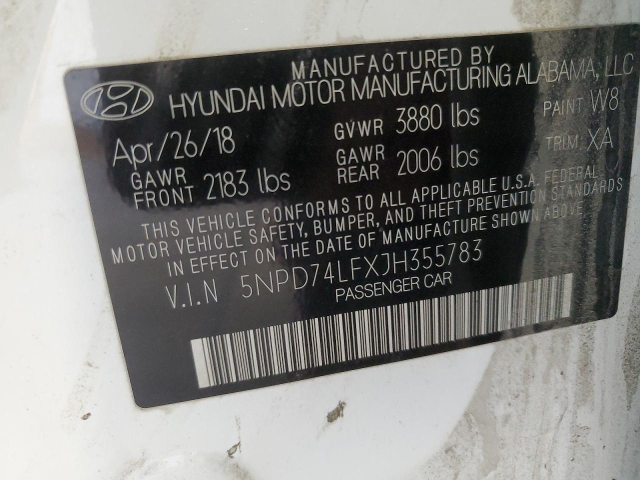 5NPD74LFXJH355783 2018 Hyundai Elantra Se