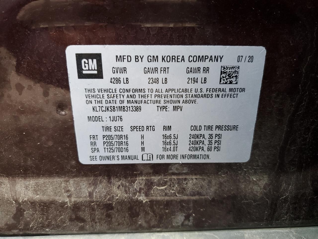 KL7CJKSB1MB313389 2021 Chevrolet Trax Ls