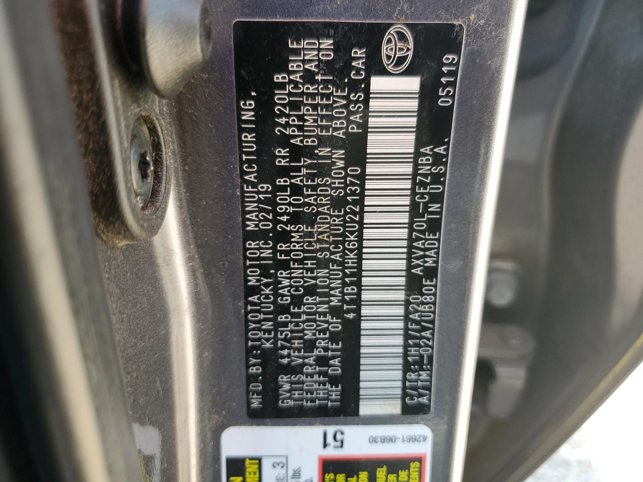 4T1B11HK6KU221370 2019 Toyota Camry L