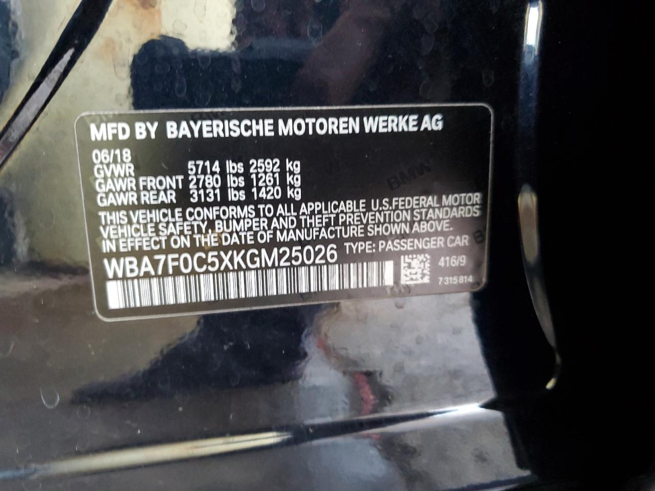 2019 BMW 750 I VIN: WBA7F0C5XKGM25026 Lot: 77500284