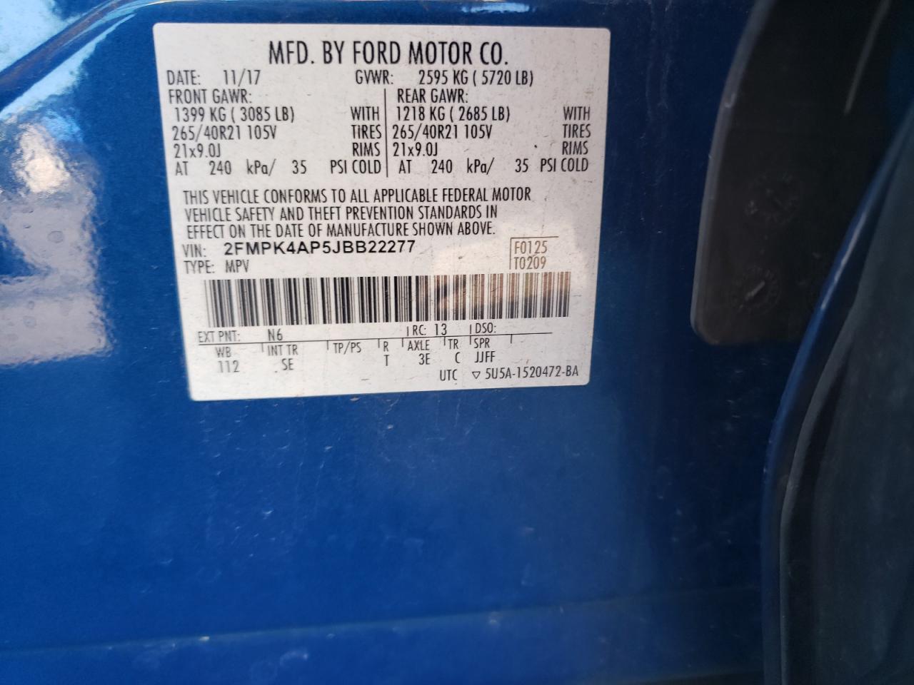 2018 Ford Edge Sport VIN: 2FMPK4AP5JBB22277 Lot: 74785064