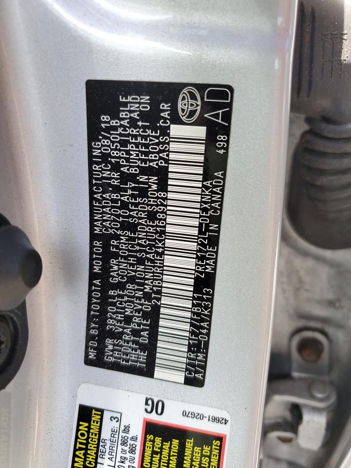 2019 Toyota Corolla L VIN: 2T1BURHE4KC168928 Lot: 73845984