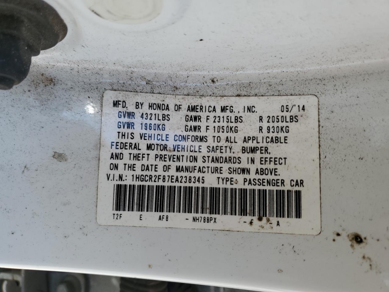 1HGCR2F87EA238345 2014 Honda Accord Exl