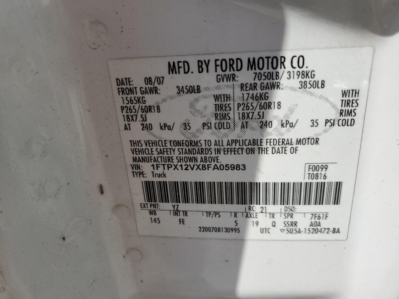 1FTPX12VX8FA05983 2008 Ford F150