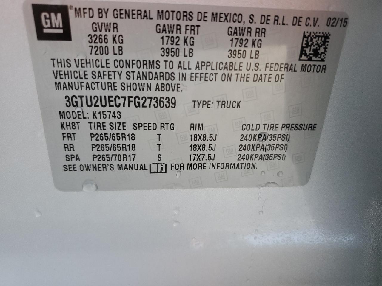 3GTU2UEC7FG273639 2015 GMC Sierra K1500 Sle