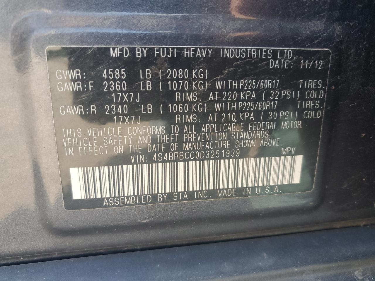2013 Subaru Outback 2.5I Premium VIN: 4S4BRBCC0D3251939 Lot: 76906664