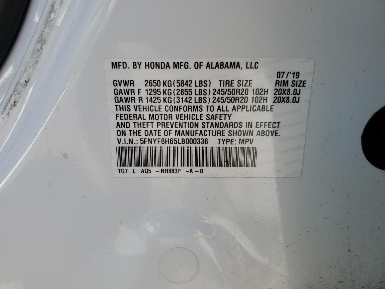 2020 Honda Pilot Touring VIN: 5FNYF6H65LB000336 Lot: 77277674