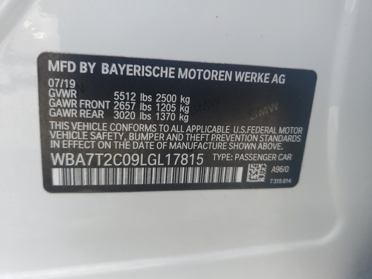 2020 BMW 740 I VIN: WBA7T2C09LGL17815 Lot: 76711254