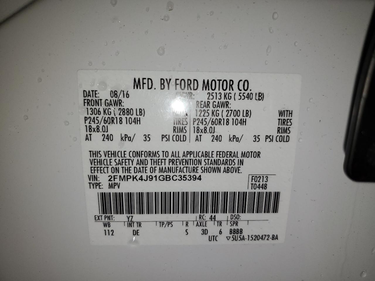 2016 Ford Edge Sel VIN: 2FMPK4J91GBC35394 Lot: 75658484