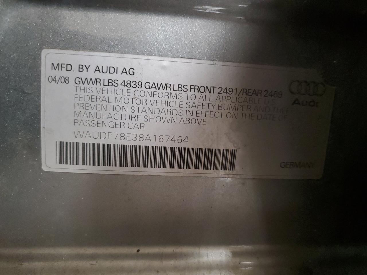 2008 Audi A4 2.0T Quattro VIN: WAUDF78E38A167464 Lot: 73531914