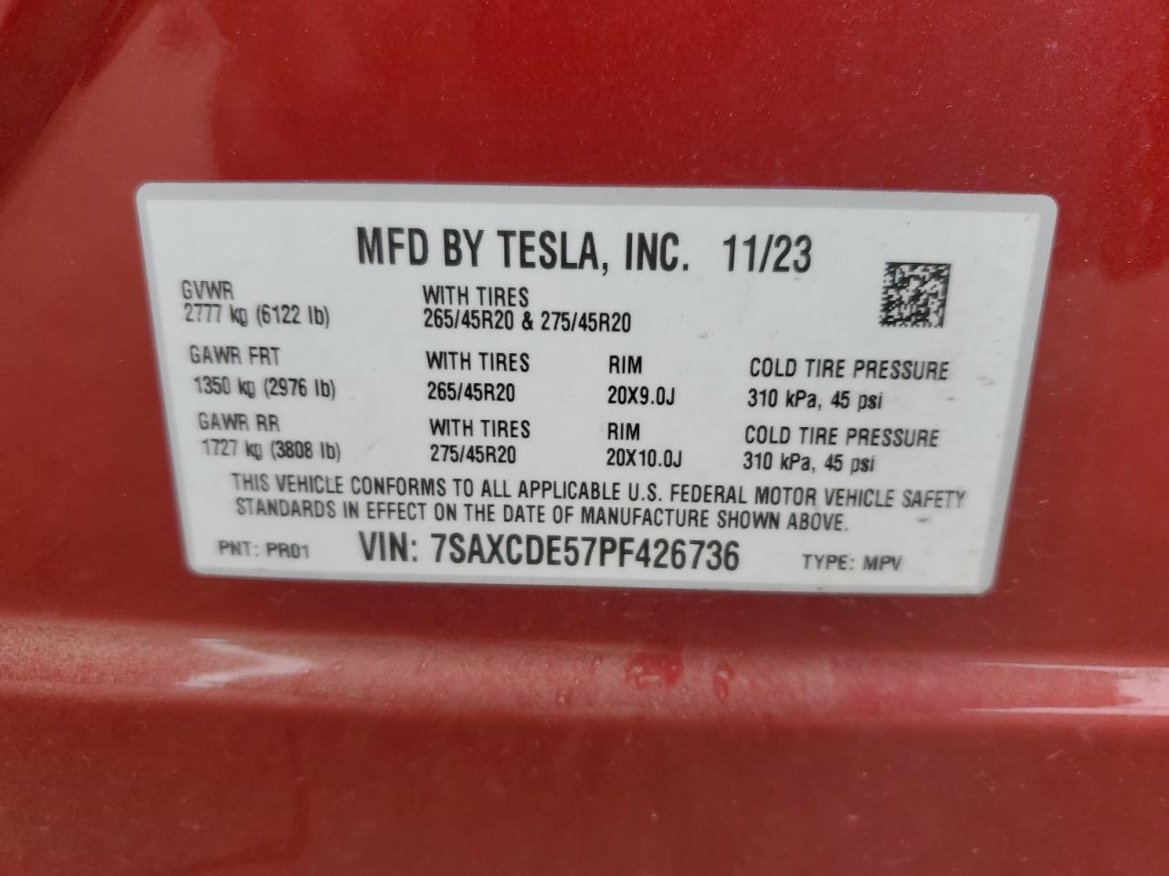 2023 Tesla Model X VIN: 7SAXCDE57PF426736 Lot: 75184014