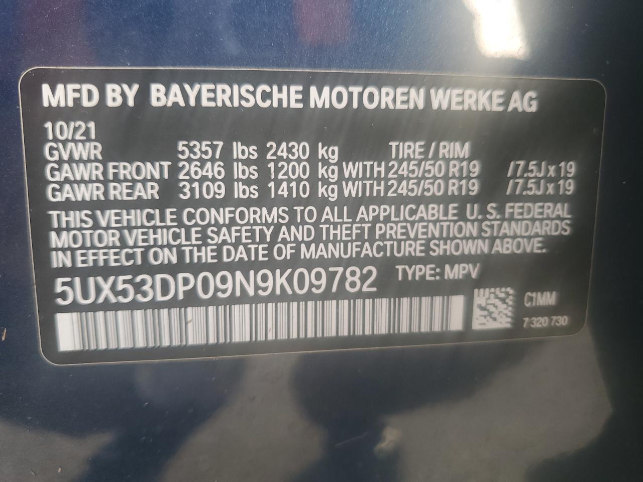 5UX53DP09N9K09782 2022 BMW X3 xDrive30I