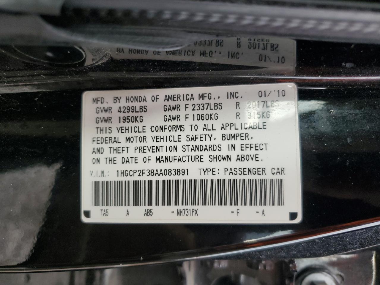 HONDA ACCORD 2010 VIN 1HGCP2F38AA083891 zdjęcie 12