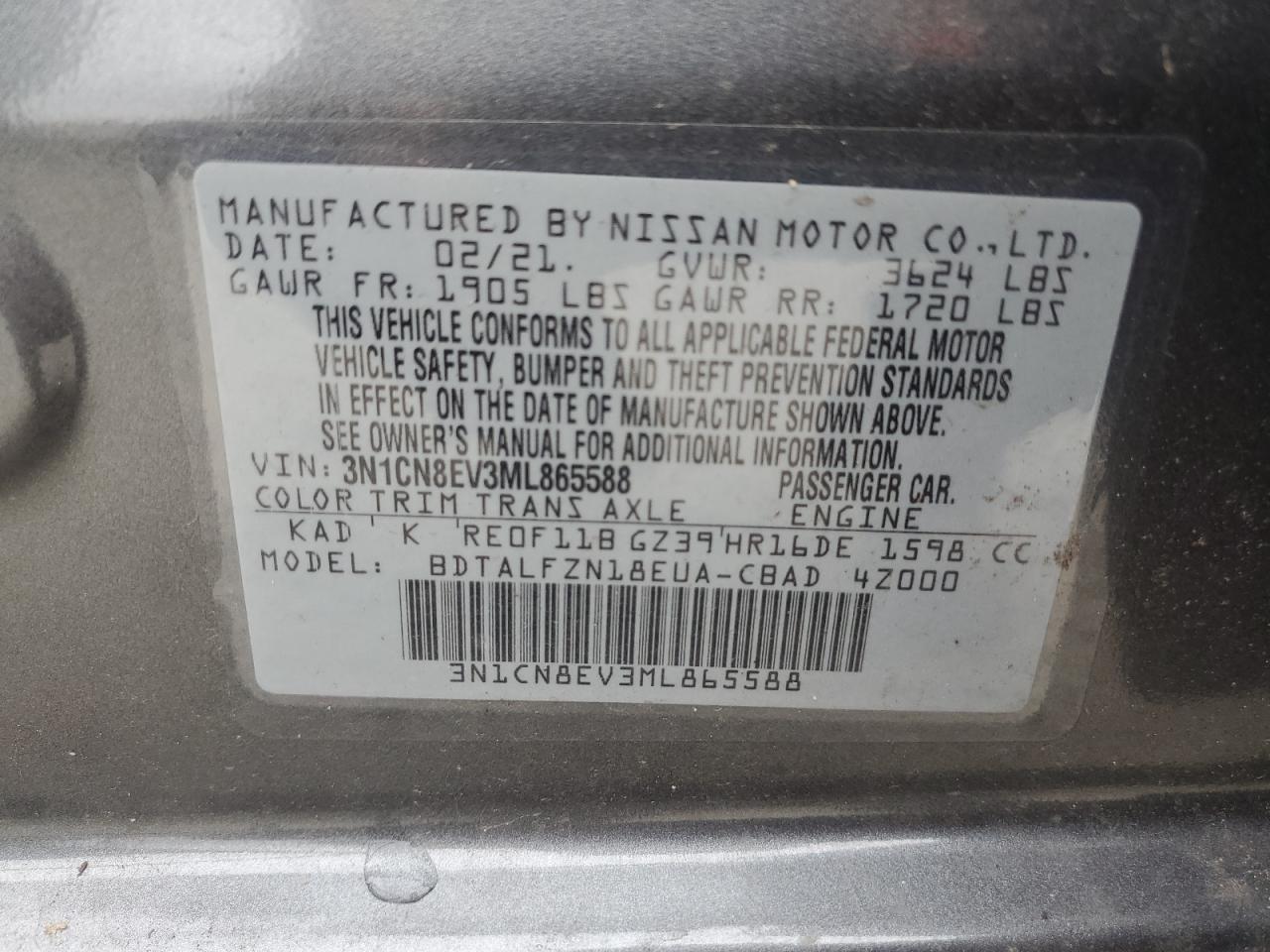 2021 Nissan Versa Sv VIN: 3N1CN8EV3ML865588 Lot: 74209524