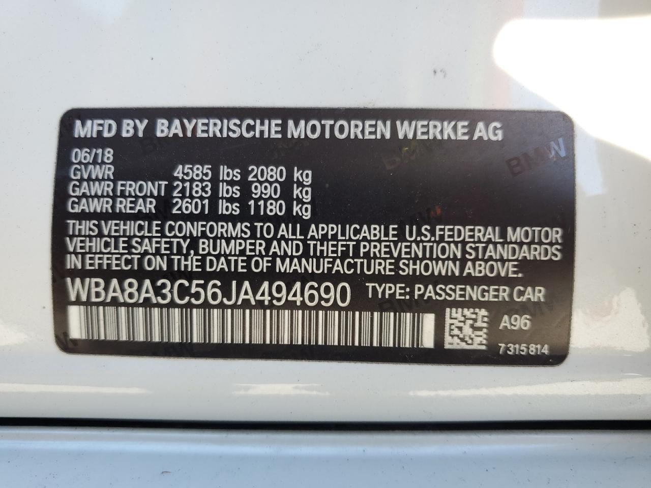 2018 BMW 320 Xi VIN: WBA8A3C56JA494690 Lot: 73568184