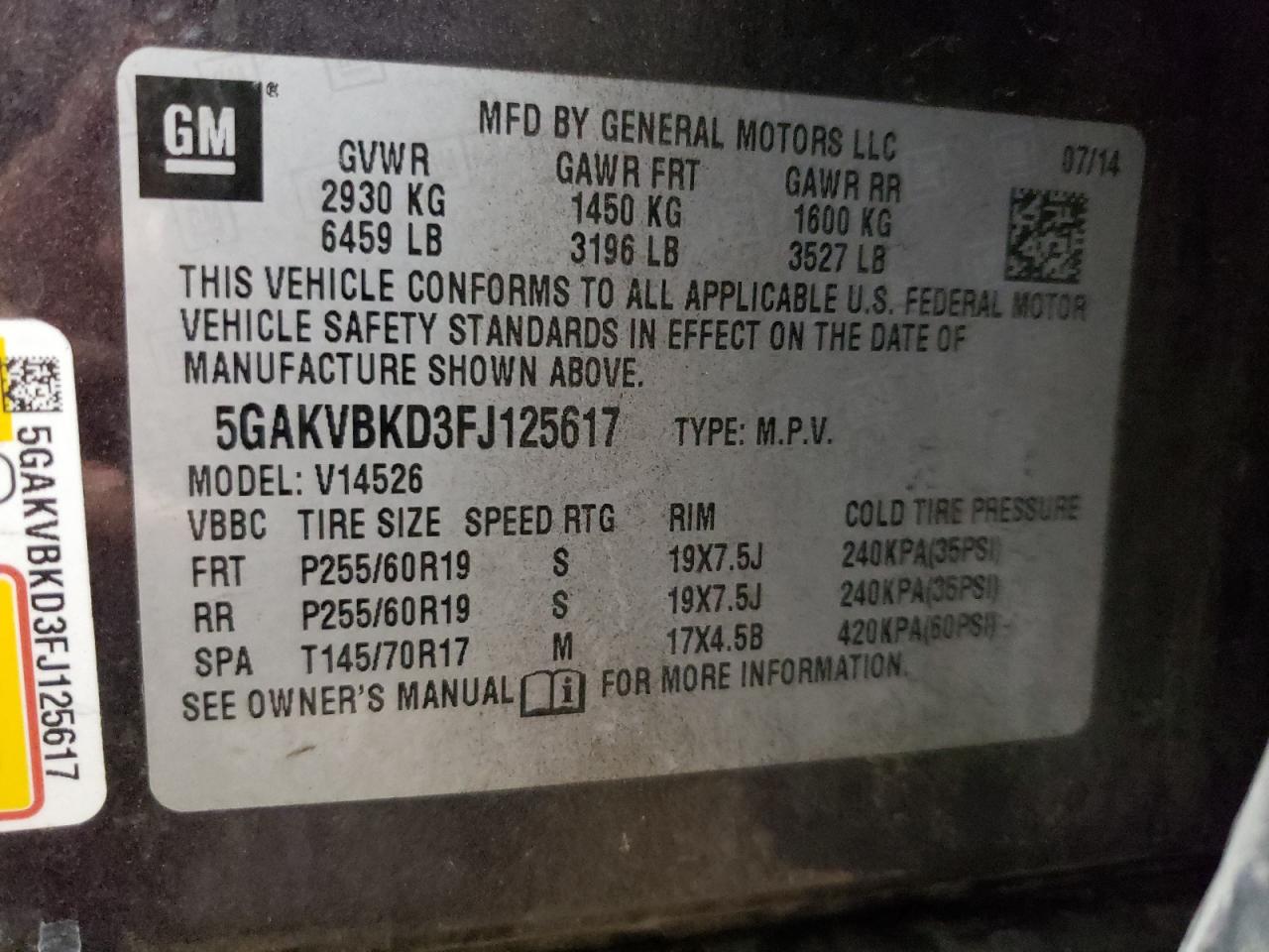 5GAKVBKD3FJ125617 2015 Buick Enclave