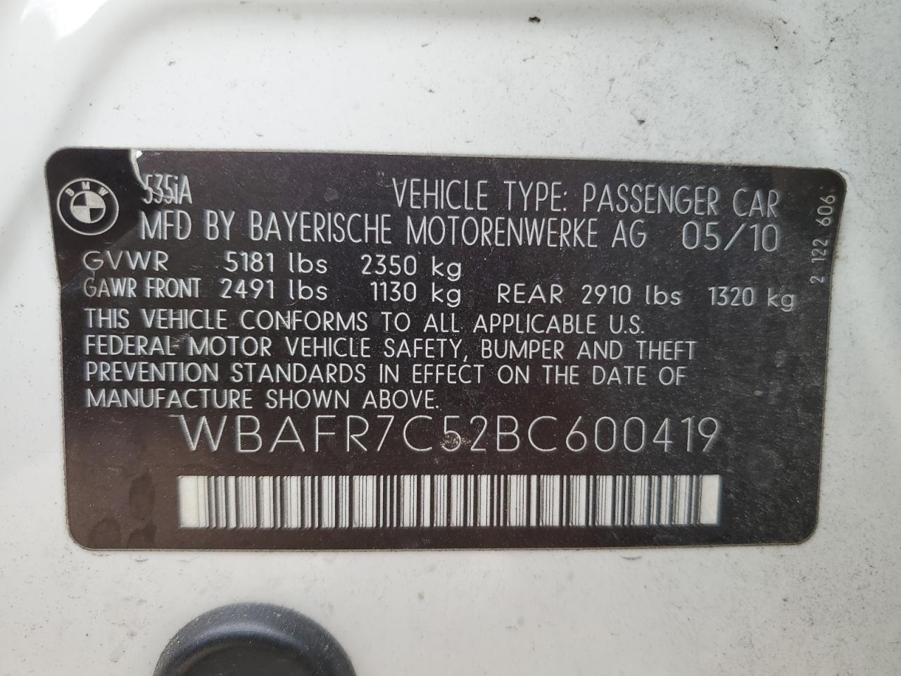 2011 BMW 535 I VIN: WBAFR7C52BC600419 Lot: 78682434