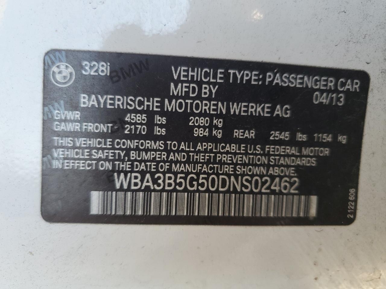 2013 BMW 328 Xi Sulev VIN: WBA3B5G50DNS02462 Lot: 73499014