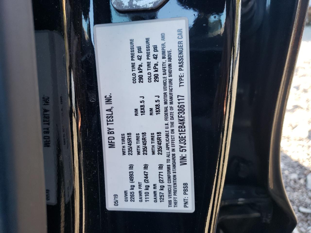 5YJ3E1EB4KF386117 2019 Tesla Model 3