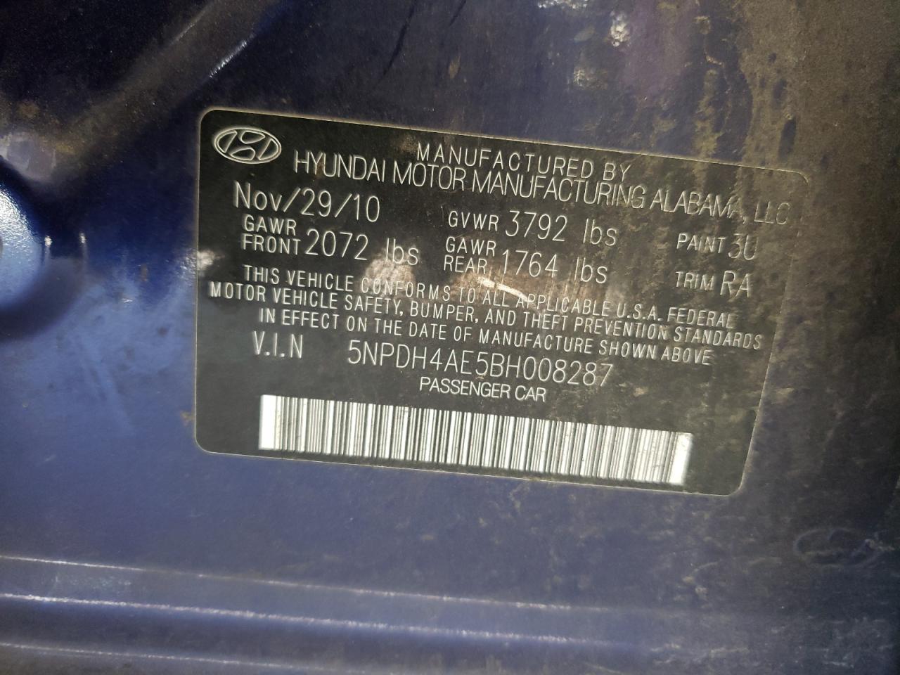 5NPDH4AE5BH008287 2011 Hyundai Elantra Gls