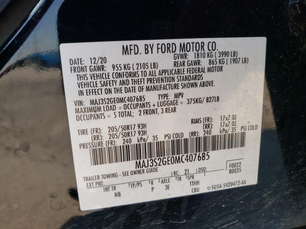 2021 Ford Ecosport Se VIN: MAJ3S2GE0MC407685 Lot: 75348434