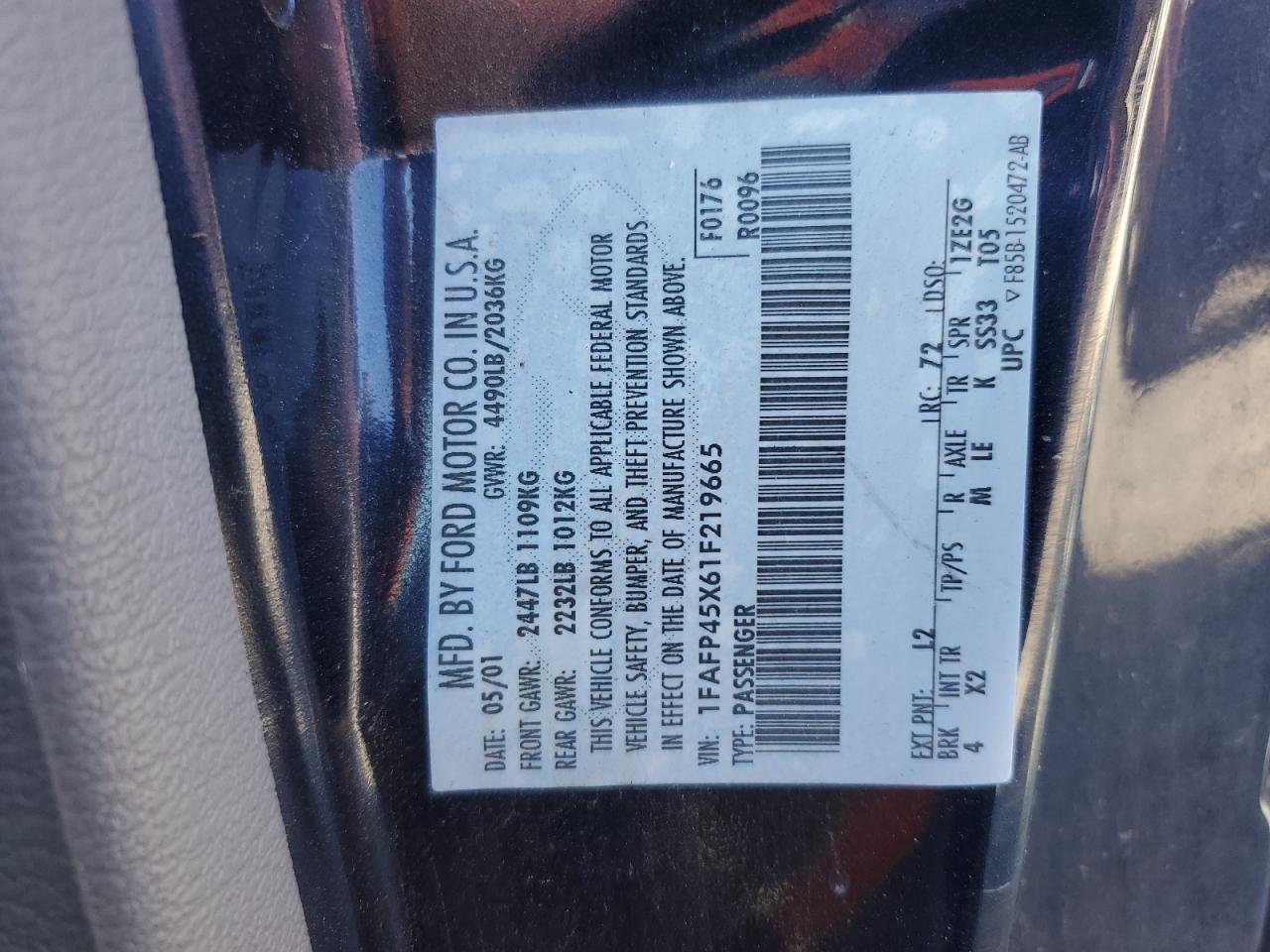 2001 Ford Mustang Gt VIN: 1FAFP45X61F219665 Lot: 74921154