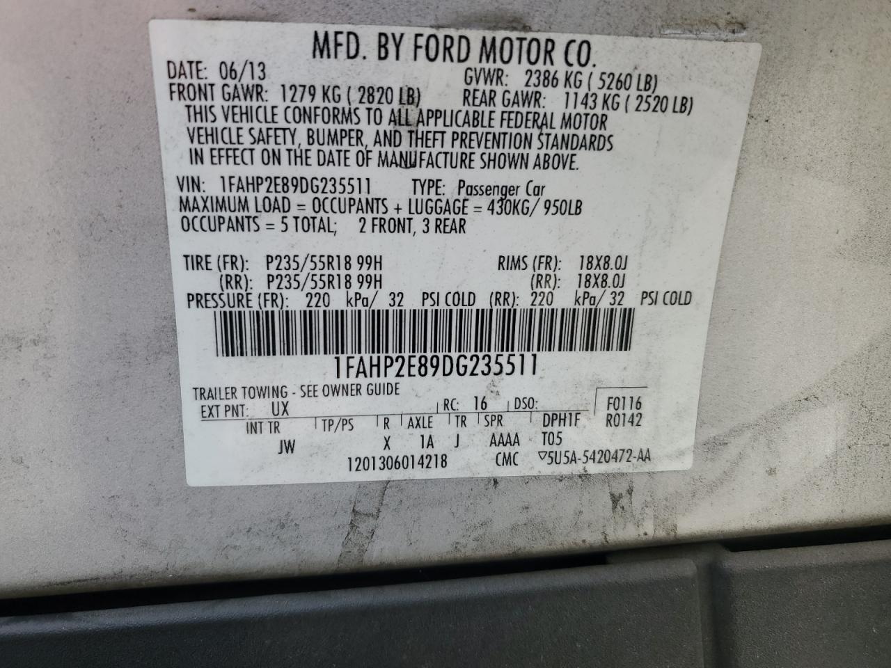 2013 Ford Taurus Sel VIN: 1FAHP2E89DG235511 Lot: 74633974