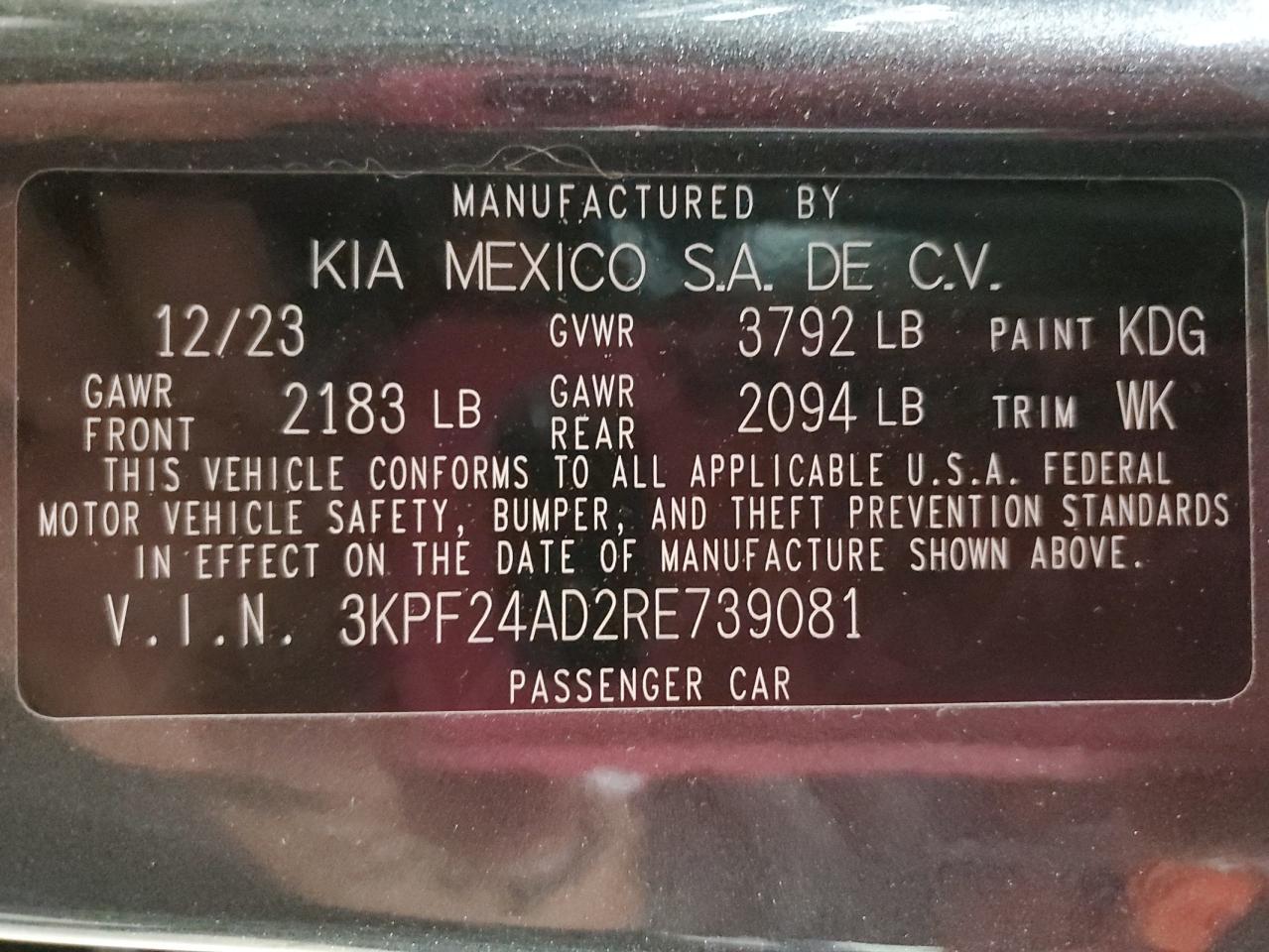 2024 Kia Forte Lx VIN: 3KPF24AD2RE739081 Lot: 75285884