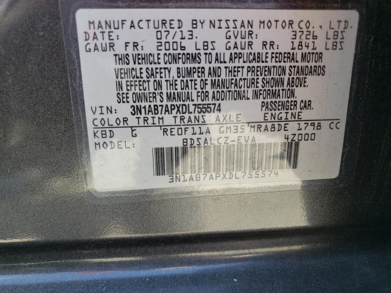 VIN 3N1AB7APXDL755574 2013 NISSAN SENTRA no.12