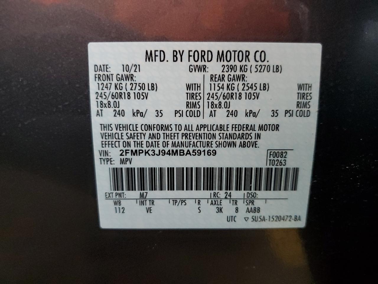 2021 Ford Edge Sel VIN: 2FMPK3J94MBA59169 Lot: 74567504