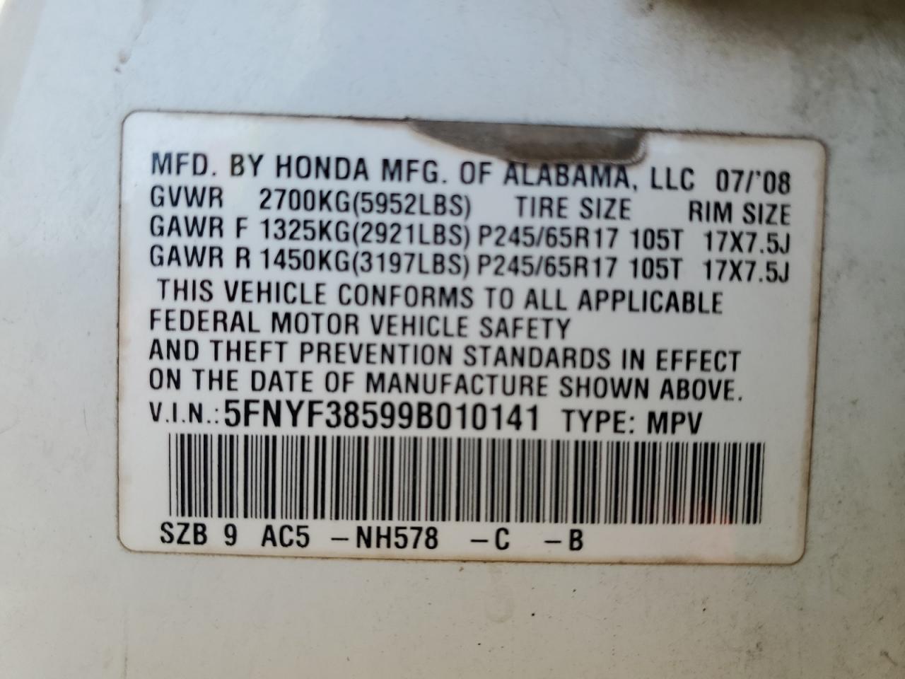 5FNYF38599B010141 2009 Honda Pilot Exl